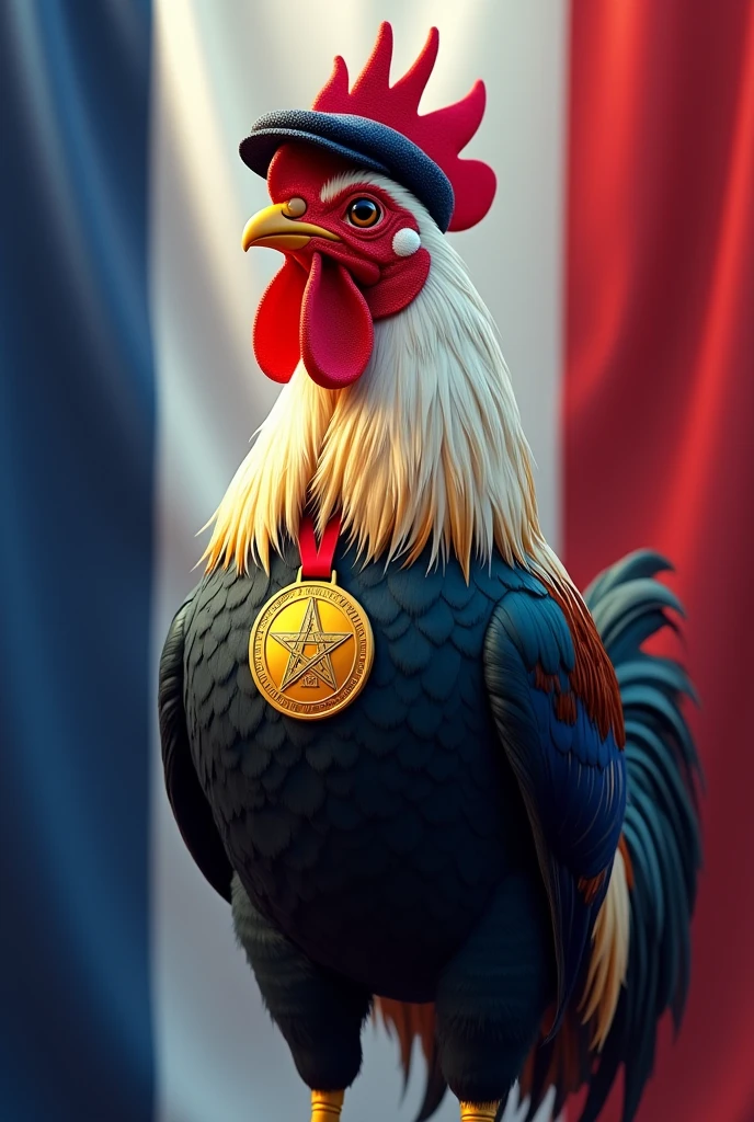 A rooster mascot, all majestic and refined, wearing French fashion, with a beret on his head, wearing the gold medal of the 2024 Paris Olympics around its neck, and the background of the image the colors of the French flag