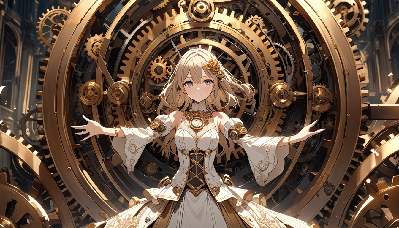 **255. One person。Clockwork Girl。A workshop in another world where gears turn。Cowboy shot or close-up。  
masterpiece, best quality, ultra detailed (Detailed fingers), (Emotional), (Breathtakingly beautiful),  
(main part: 1.2 Whole body。), (Anime Style), (Very detailed), (Clockwork Magic),  
(超High resolution, High resolution), (8k), (High resolution: 1.2), (Complex and beautiful: 1.2)**
- background: A workshop in another world where gears turn、Antique machines and shiny gears lined up。
- Clockwork Girl: Young woman, around 18 years old、Wearing a dress decorated with watch parts、Wear the gear necklace。
-pose: Pick up the watch parts、Precise assembly。
-expression: With a concentrated expression、An attitude that conveys a deep understanding of machines。
- Effects: The gears shine and spin.、An effect that visualizes how time is manipulated。
-color: bronze and gold、Warm, antique colors that represent the world of clockwork。
