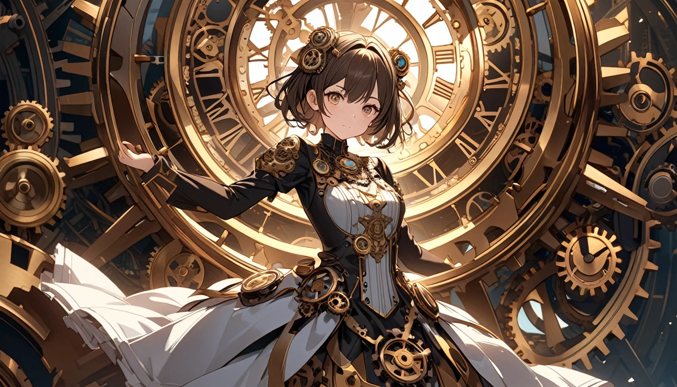 **255. One person。Clockwork Girl。A workshop in another world where gears turn。Cowboy shot or close-up。
masterpiece, best quality, ultra detailed (Detailed fingers), (Emotional), (Breathtakingly beautiful),
(main part: 1.2 Whole body。), (Anime Style), (Very detailed), (Clockwork Magic),
(超High resolution, High resolution), (8k), (High resolution: 1.2), (Complex and beautiful: 1.2)**
- background: A workshop in another world where gears turn、Antique machines and shiny gears lined up。
- Clockwork Girl: Young woman, around 18 years old、Wearing a dress decorated with watch parts、Wear the gear necklace。
-pose: Pick up the watch parts、Precise assembly。
-expression: With a concentrated expression、An attitude that conveys a deep understanding of machines。
- Effects: The gears shine and spin.、An effect that visualizes how time is manipulated。
-color: bronze and gold、Warm, antique colors that represent the world of clockwork。