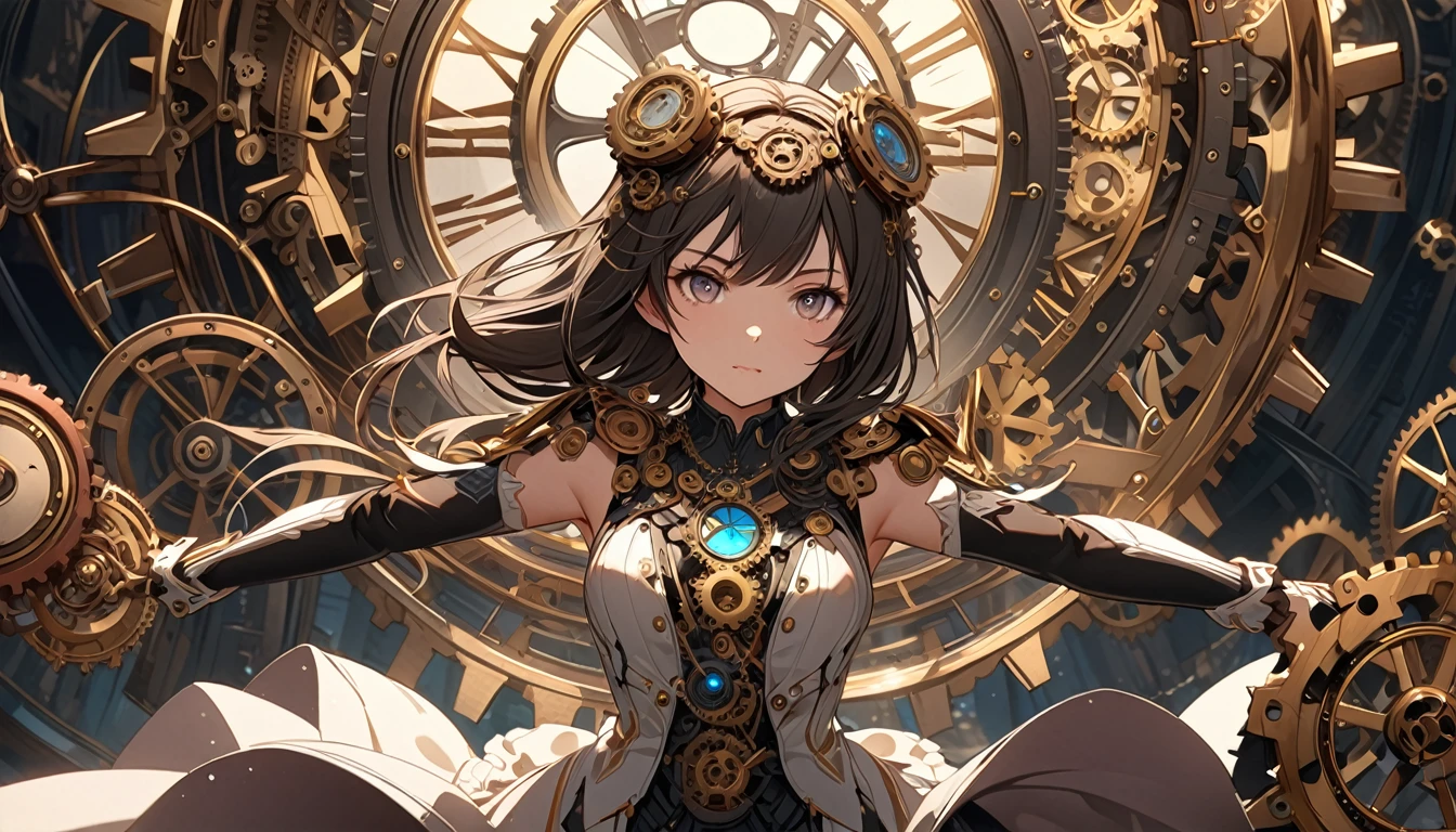 **255. One person。Clockwork Girl。A workshop in another world where gears turn。Cowboy shot or close-up。
masterpiece, best quality, ultra detailed (Detailed fingers), (Emotional), (Breathtakingly beautiful),
(main part: 1.2 Whole body。), (Anime Style), (Very detailed), (Clockwork Magic),
(超High resolution, High resolution), (8k), (High resolution: 1.2), (Complex and beautiful: 1.2)**
- background: A workshop in another world where gears turn、Antique machines and shiny gears lined up。
- Clockwork Girl: Young woman, around 18 years old、Wearing a dress decorated with watch parts、Wear the gear necklace。
-pose: Pick up the watch parts、Precise assembly。
-expression: With a concentrated expression、An attitude that conveys a deep understanding of machines。
- Effects: The gears shine and spin.、An effect that visualizes how time is manipulated。
-color: bronze and gold、Warm, antique colors that represent the world of clockwork。