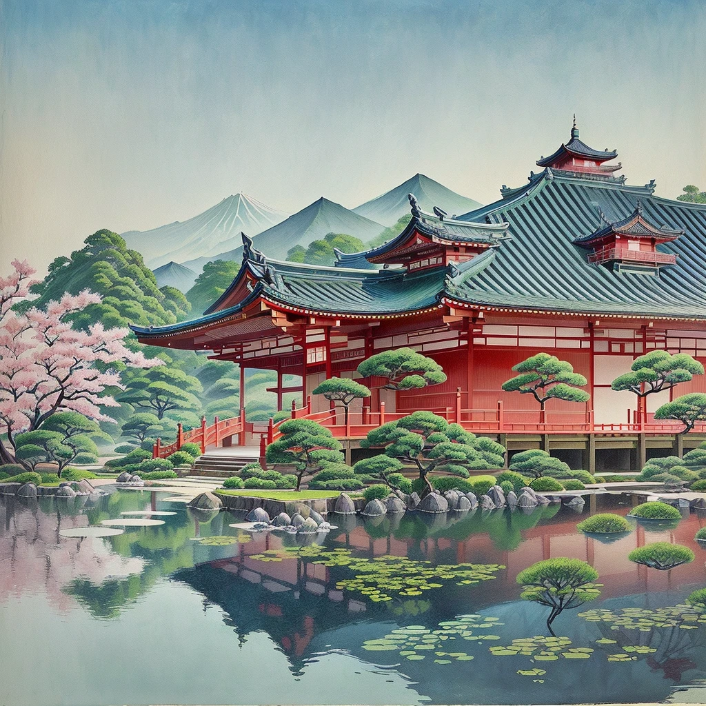 painting depicting a pagoda with a pond and a bridge, inspired by Ito Jakuchu, colored woodblock print, author Toshi Yoshida, Japanese style woodblock print, inspired author Toshi Yoshida, japanese temple, Hiroshi Yoshida, by Kawase Hasui, by Hasui Kawase, Hasui Kwase