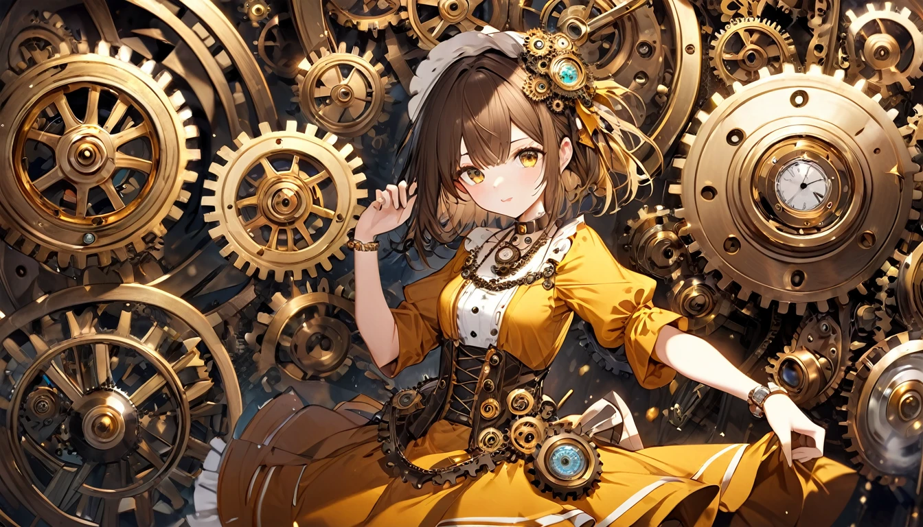 **255. One person。Clockwork Girl。A workshop in another world where gears turn。Cowboy shot or close-up。
masterpiece, best quality, ultra detailed (Detailed fingers), (Emotional), (Breathtakingly beautiful),
(main part: 1.2 Whole body。), (Anime Style), (Very detailed), (Clockwork Magic),
(超High resolution, High resolution), (8k), (High resolution: 1.2), (Complex and beautiful: 1.2)**
- background: A workshop in another world where gears turn、Antique machines and shiny gears lined up。
- Clockwork Girl: Young woman, around 18 years old、Wearing a dress decorated with watch parts、Wear the gear necklace。
-pose: Pick up the watch parts、Precise assembly。
-expression: With a concentrated expression、An attitude that conveys a deep understanding of machines。
- Effects: The gears shine and spin.、An effect that visualizes how time is manipulated。
-color: bronze and gold、Warm, antique colors that represent the world of clockwork。