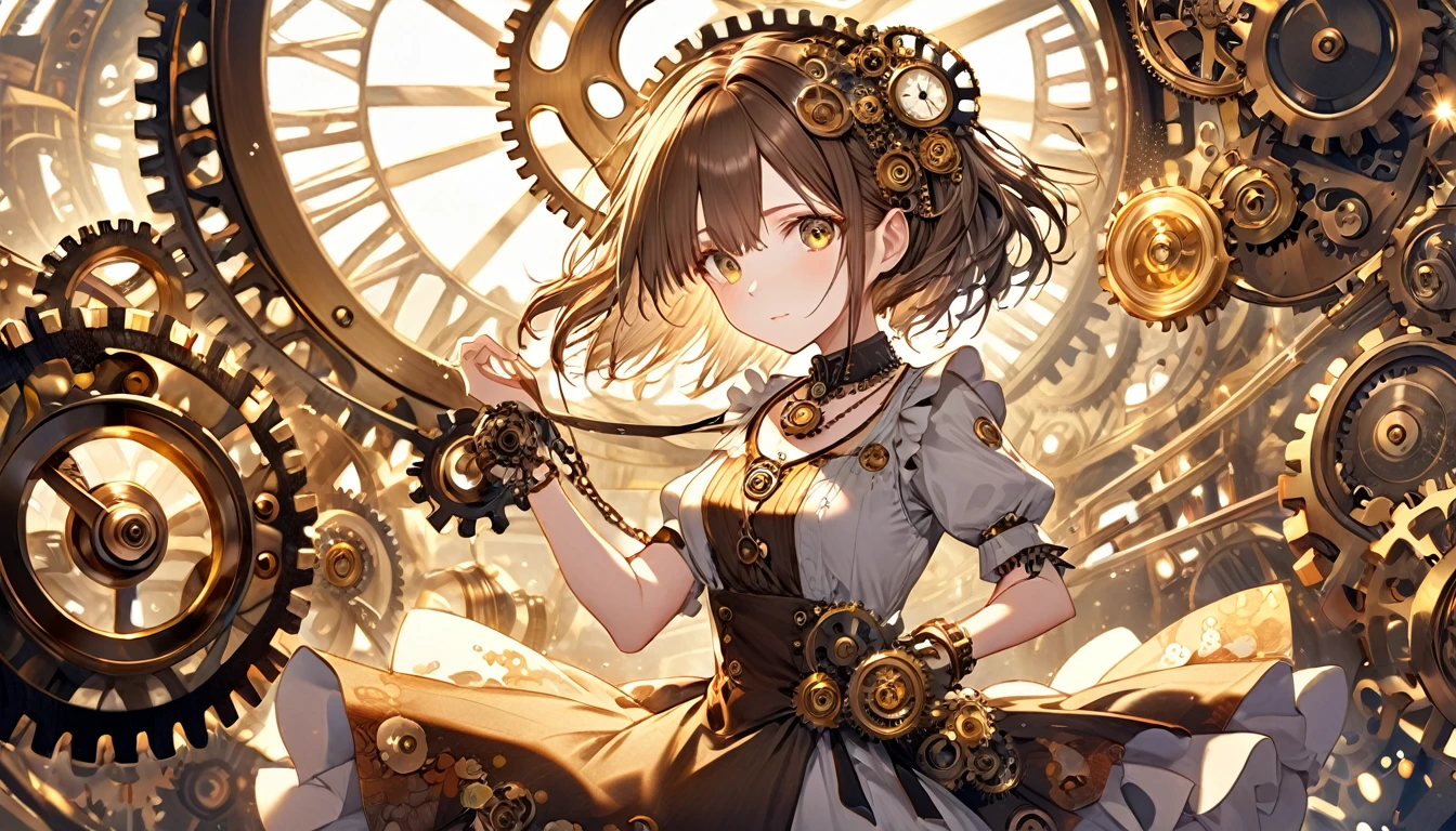 **255. One person。Clockwork Girl。A workshop in another world where gears turn。Cowboy shot or close-up。
masterpiece, best quality, ultra detailed (Detailed fingers), (Emotional), (Breathtakingly beautiful),
(main part: 1.2 Whole body。), (Anime Style), (Very detailed), (Clockwork Magic),
(超High resolution, High resolution), (8k), (High resolution: 1.2), (Complex and beautiful: 1.2)**
- background: A workshop in another world where gears turn、Antique machines and shiny gears lined up。
- Clockwork Girl: Young woman, around 18 years old、Wearing a dress decorated with watch parts、Wear the gear necklace。
-pose: Pick up the watch parts、Precise assembly。
-expression: With a concentrated expression、An attitude that conveys a deep understanding of machines。
- Effects: The gears shine and spin.、An effect that visualizes how time is manipulated。
-color: bronze and gold、Warm, antique colors that represent the world of clockwork。