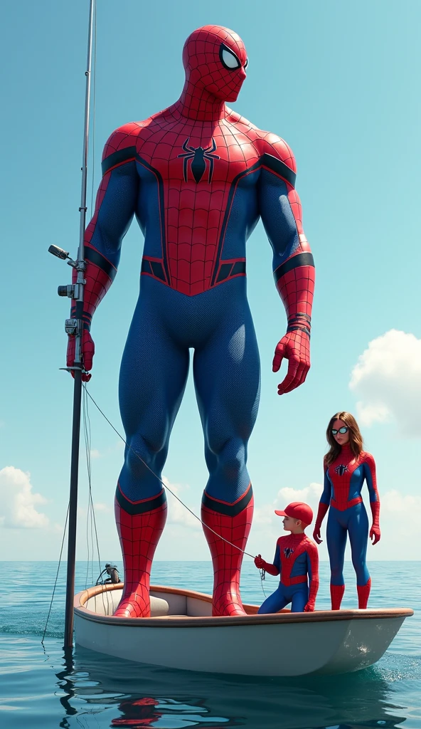 Giant Spiderman fishing on the boat with his wife and son, both of wife and his son wearing Spiderman mask and Costume. Blue sky.
