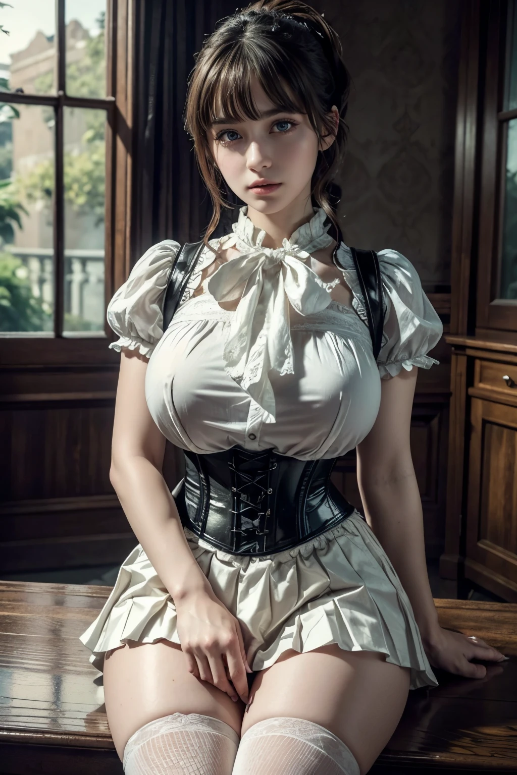 8K,((masterpiece)), ((best quality)), (ultra-detailed), High detail, professional photograph, highest quality, floating hair, beautiful detailed, (((realistic))), hyper realistic character,natural lighting ,beautiful detailed eyes,1girl, solo,blunt bangs, realistic,a girl with a large bust, her blouse is about to burst from her large breasts, ponytail, bangs, thick thighs, beautiful detailed eyes, beautiful detailed lips, extremely detailed eyes and face, long eyelashes, , corset blouse, white blouse, pleated skirt, thigh-high socks, suspenders, photo-realistic, 8k, vivid colors, masterpiece, anime, cinematic lighting, soft focus