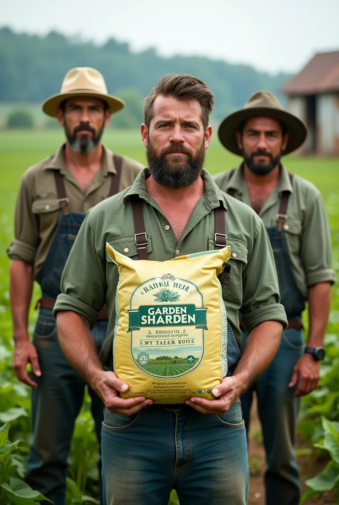 A group of farmer on a farm holding a bag of Organic fertilizer which has the brande name " Garden Sharden "