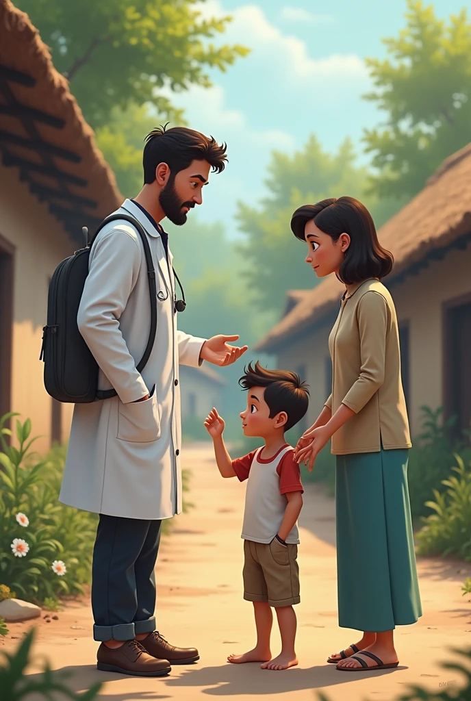 The male doctor and the mother and her son listening in village