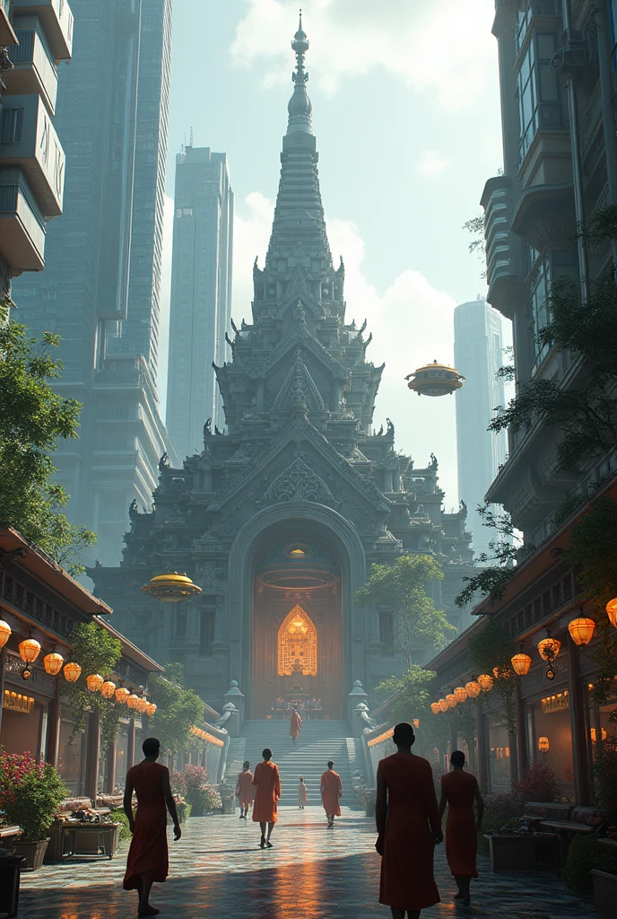 Bangkok in the future has a temple during the day.