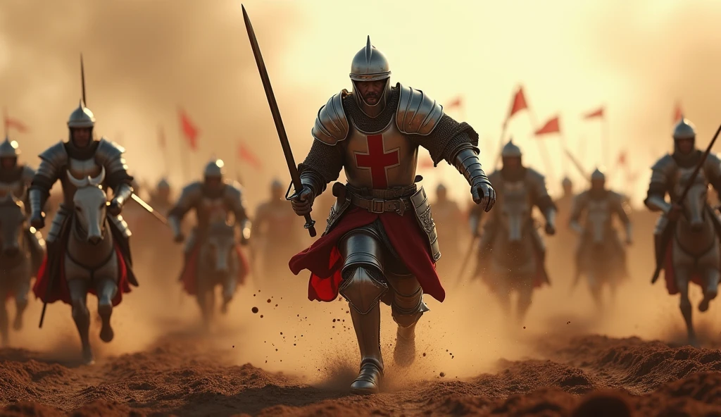 A highly realistic, high-contrast, 8K HD, detailed, hyper-detailed image of the Crusader knight from the provided image, leading a fierce charge into battle on the battlefield. The knight, clad in steel armor with a red cross on his tunic, is in full motion, his sword raised as he rushes forward with unyielding determination. The battlefield around him is chaotic, filled with dust, blood, and the sound of clashing steel, but the knight's focus is unwavering as he leads his comrades in the charge. The dramatic lighting captures the intensity and power of the moment, highlighting the gleam of his armor and the force of his advance. The image is of the highest quality, with ultra-high resolution, RAW photo quality, and Unreal Engine rendering, showcasing the Crusader knight's bravery and leadership as he plunges into the heart of the battle.