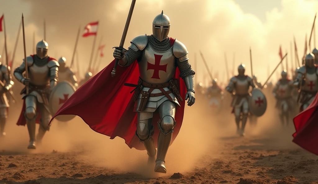 A highly realistic, high-contrast, 8K HD, detailed, hyper-detailed image of the Crusader knight from the provided image, leading a fierce charge into battle on the battlefield. The knight, clad in steel armor with a red cross on his tunic, is in full motion, his sword raised as he rushes forward with unyielding determination. The battlefield around him is chaotic, filled with dust, blood, and the sound of clashing steel, but the knight's focus is unwavering as he leads his comrades in the charge. The dramatic lighting captures the intensity and power of the moment, highlighting the gleam of his armor and the force of his advance. The image is of the highest quality, with ultra-high resolution, RAW photo quality, and Unreal Engine rendering, showcasing the Crusader knight's bravery and leadership as he plunges into the heart of the battle.
