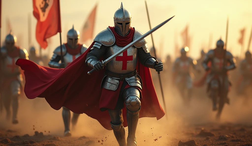 A highly realistic, high-contrast, 8K HD, detailed, hyper-detailed image of the Crusader knight from the provided image, leading a fierce charge into battle on the battlefield. The knight, clad in steel armor with a red cross on his tunic, is in full motion, his sword raised as he rushes forward with unyielding determination. The battlefield around him is chaotic, filled with dust, blood, and the sound of clashing steel, but the knight's focus is unwavering as he leads his comrades in the charge. The dramatic lighting captures the intensity and power of the moment, highlighting the gleam of his armor and the force of his advance. The image is of the highest quality, with ultra-high resolution, RAW photo quality, and Unreal Engine rendering, showcasing the Crusader knight's bravery and leadership as he plunges into the heart of the battle.
