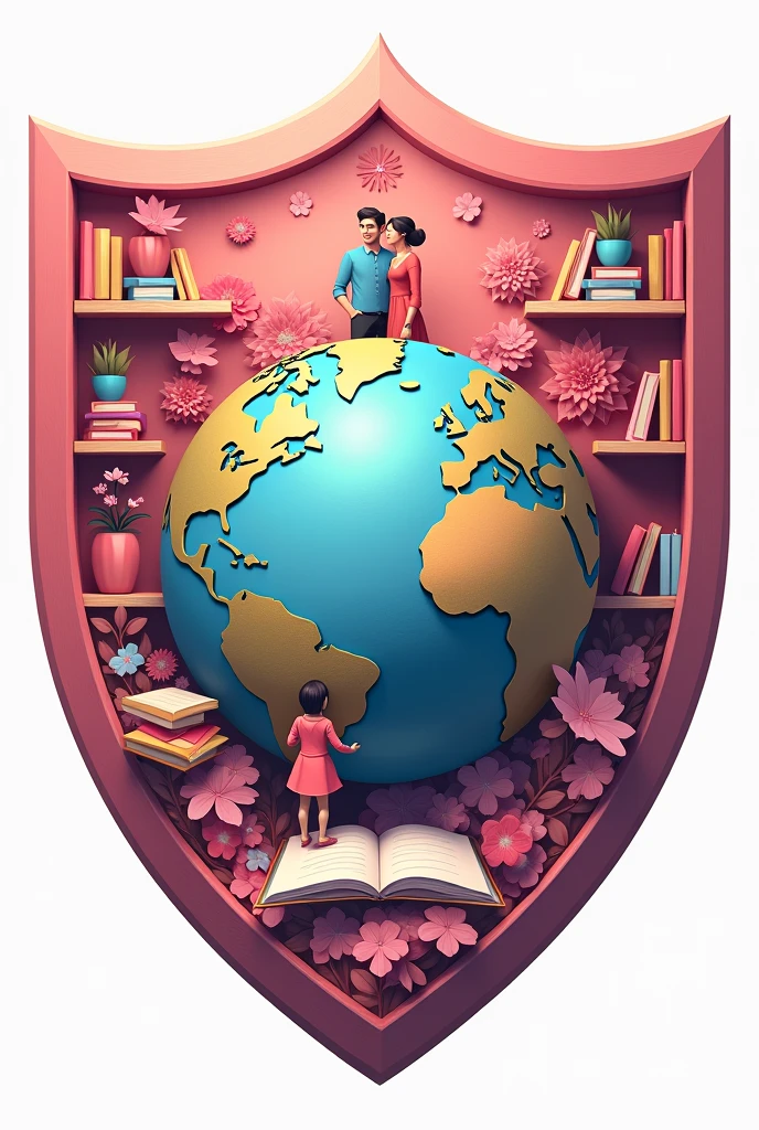 I need a shield, it should include an element that is used in a school such as notebooks or books, It should contain a globe with its original colors, It should include a family, An ice cream cone, All elements must be within the shield, Subtly incorporate the color pink.