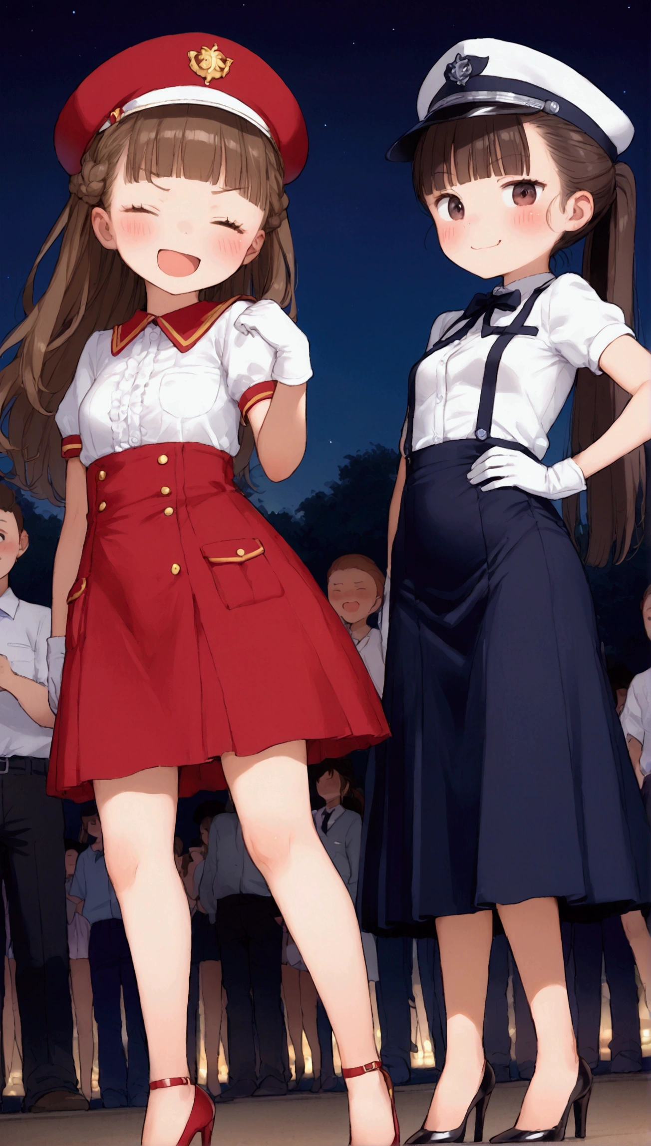 {Highest quality}, {Super beautiful},{Ultra fine},{Best illustration},Brown Hair,Hime cut,Braid,long hair,ponytail,One woman,Standing Woman,Strike a pose,Adult women,smug face,Excited face,Wink,The double tooth is visible,Uniform cap,White shirt,Short sleeve,Black long skirt,White gloves,Black stiletto heels,Night Park,crowd,Blushing,Slender,From an angle,Spread your legs,Put one hand on your hip