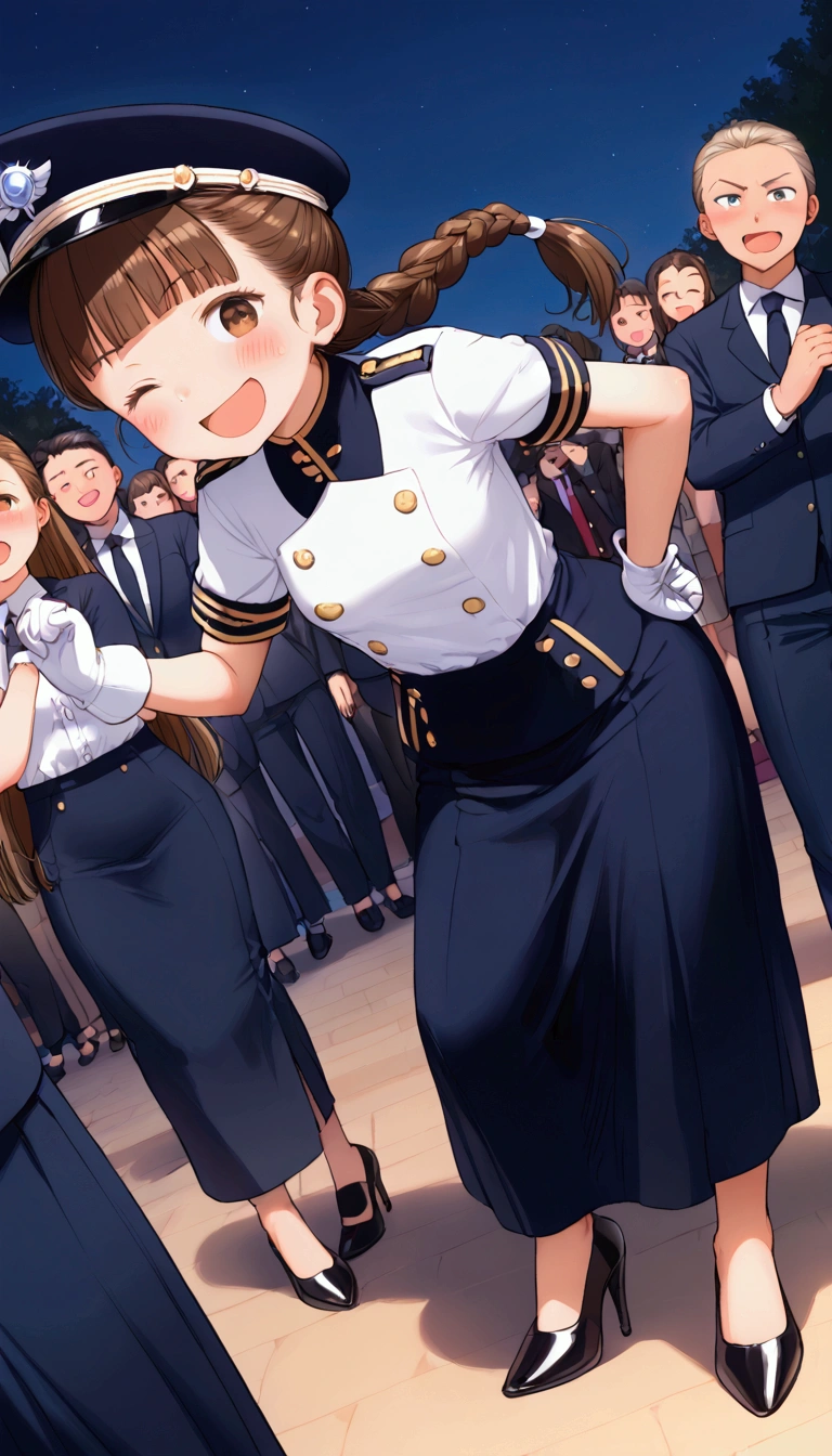 {Highest quality}, {Super beautiful},{Ultra fine},{Best illustration},Brown Hair,Hime cut,Braid,long hair,ponytail,One woman,Standing Woman,Strike a pose,Adult women,smug face,Excited face,Wink,The double tooth is visible,Uniform cap,White shirt,Short sleeve,Black long skirt,White gloves,Black stiletto heels,Night Park,crowd,Blushing,Slender,From an angle,Spread your legs,Put one hand on your hip
