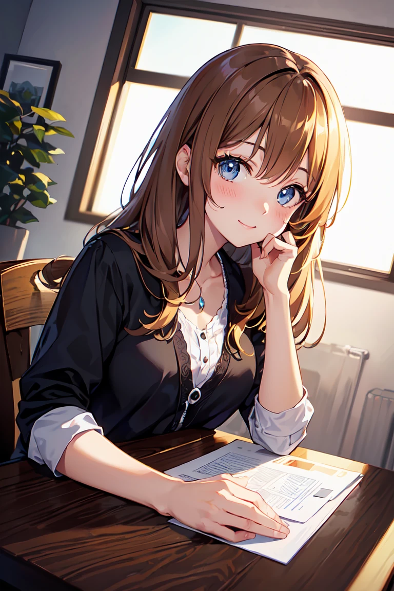 ((Tabletop, Highest quality, High resolution, Hmph, Pixel Perfect, 4K, Hmph, Hmph))), one person's, single, alone, beauty、The whole body is visible、 ((Long Wavy Hair, bangs, Brown Hair)), ((Light blue eyes, Beautiful eyelashes, Realistic eyes)), ((Detailed face, blush:1.2)), ((Smooth texture:0.75, Realistic texture:0.65, Realistic:1.1, Anime CG style)), Big Breasts, Dynamic Angle, Perfect body, ((White shirt, skirt)), Very embarrassing panic smile、、(Pink lace bra)、Angle from below