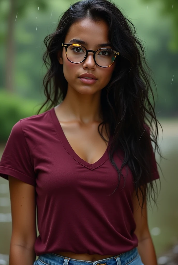Latina girl's face, tan skin extremely detailed,detailed skin that shows pores, beautiful detailed lips,extremely detailed eyes and face,long eyelashes, very small breasts or 1.1, Whole body,light blue jeans,burgundy red t-shirt,outdoor background,soaking wet clothes, because of the rain, Glasses,vivid colors,portrait,studio lighting,bokeh., (hyper realistic), realistic texture