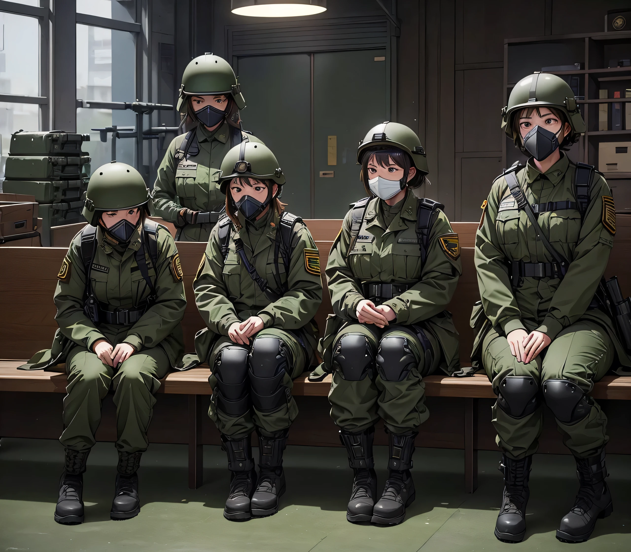 A group of female soldiers in the waiting area.、All wearing dark green M-51 military uniforms、Wear a steel helmet、Wear goggles、wearing gas masks、Military Pants、Knee pads、Write details、masterpiece、best quality、Highly detailed CG、8K quality