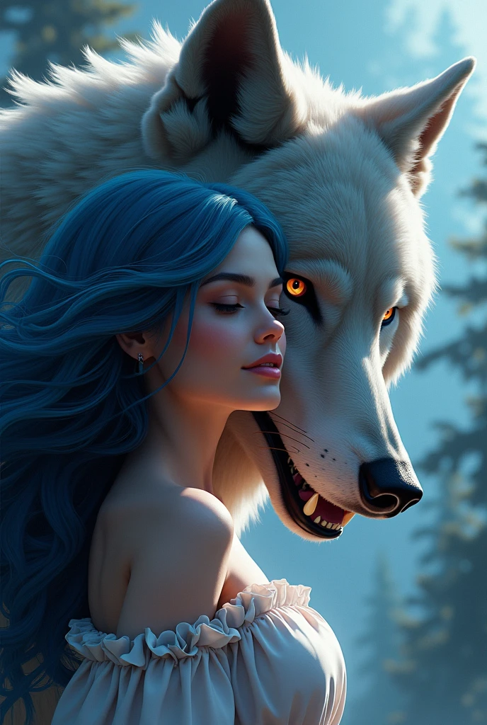 prompt: create an 8k, hyper realistic, airbrush glossy gta v cinematic poster style image of a beautiful girl with a soft sexy smile with blue long hair  beside a large, snarling wolf with intricate