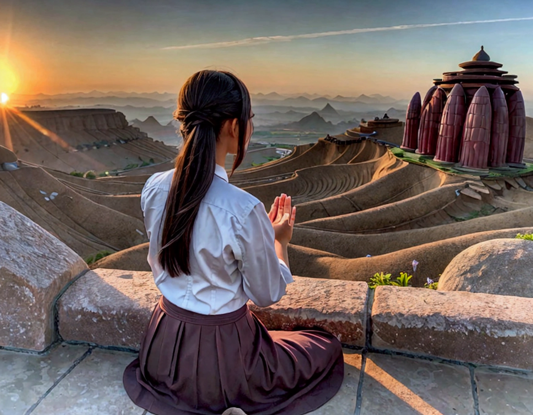 make a beautiful girl praying with an amazing landscape in the background and the sun rising to inspire people