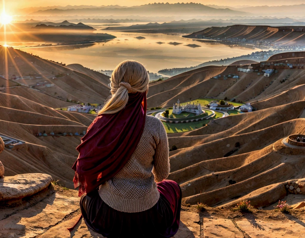 make a beautiful girl praying with an amazing landscape in the background and the sun rising to inspire people