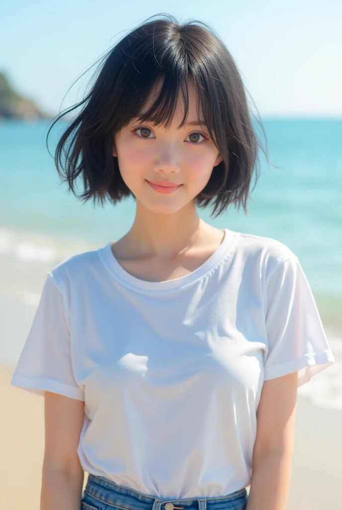 ((Top quality)), ((Masterpiece)), (Detail), Perfect face, Japanese woman,  girl, Immaculate, White T-shirt, blue shorts, short black hair, big tits, bright smile, strong sunlight on beach, depth of subject, sharply focused,.
