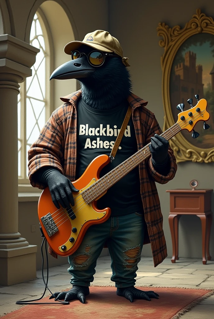 Fat crow,with glasses , visor cap,dress with ripped jeans and a plaid shirt,black t-shirt that says "Blackbird Ashes". playing bass. In a medieval castle and in a painting it says"hunter x"