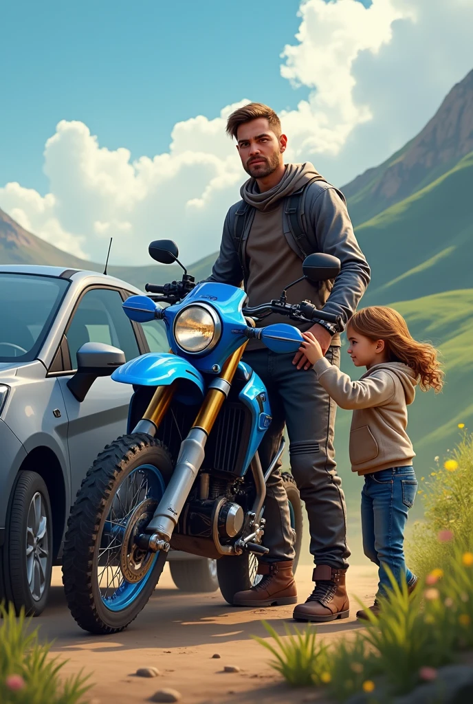 Short-haired man with light eyes, a blue enduro motorcycle, a gray Ford Fiesta car, and a daughter with wavy hair 