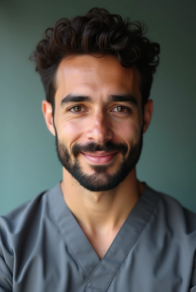 Latino male, medium size beard, medium brown curly hair, light brown eyes, toned body, wearing gray nurse scrubs,
