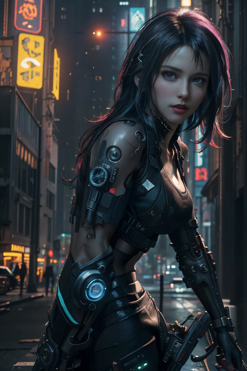 (realistic:1.4) Image of cyberpunk girls, (top quality, 8k, 32K, masterpiece) , (dynamic pose), ((looking at the camera)), cowboy shot, Clumsy hair, colorful hair, Cool cyberpunk fashion clothes, ,Depth of field F/1.8, cyberpunk city background, movie lights.