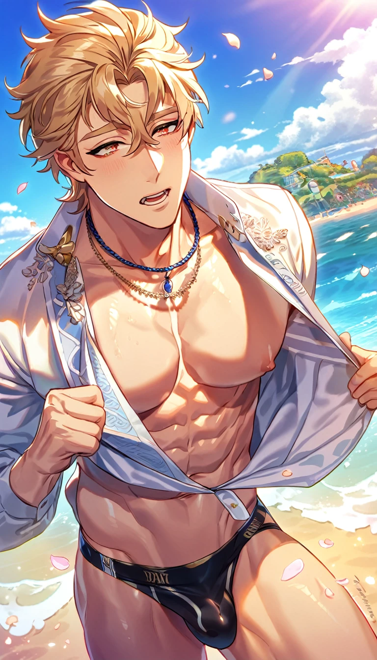 absurdres, highres, ultra detailed, HDR, master piece, best quality, extremely detailed, detailed eyes, Quincy, blonde hair, slicked back hair, ruffled hair, expressive amber eyes, Nu Carnival, solo, sexy man, handsome, horny, lewd, cropped white jacket, blue long sleeves, necklace, showing the chest, fitting black speedo, island, sea, beach, petals, summer land