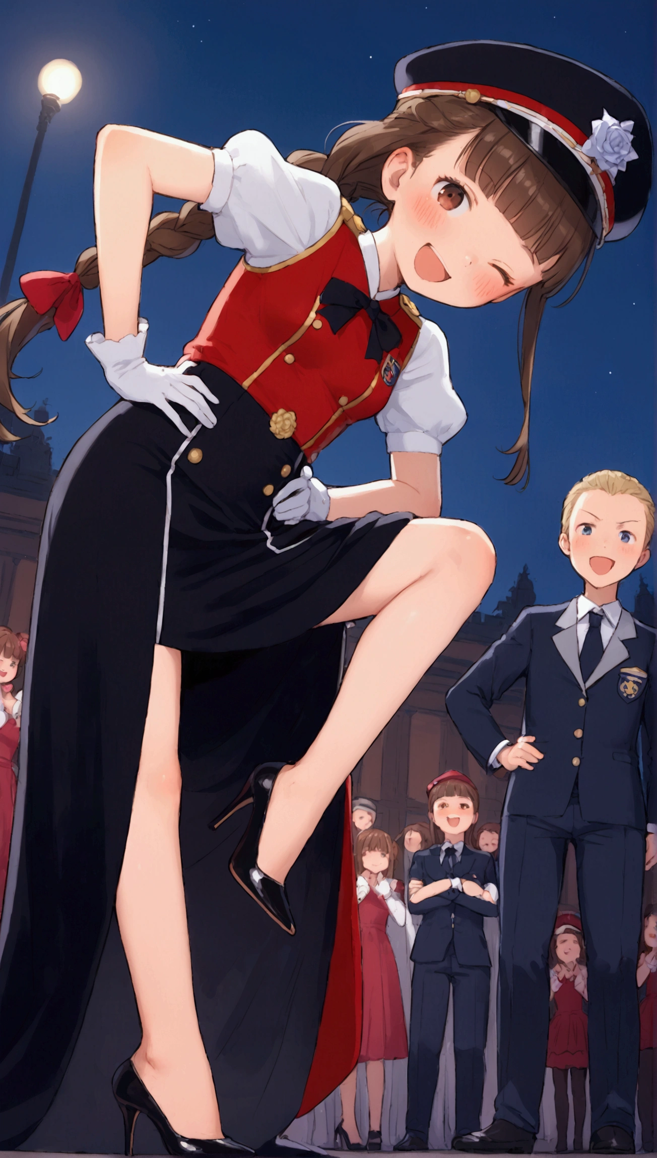 {Highest quality}, {Super beautiful},{Ultra fine},{Best illustration},Brown Hair,Hime cut,Braid,long hair,ponytail,One woman,Standing Woman,Strike a pose,Adult women,smug face,Excited face,Wink,Woman with double teeth,Uniform cap,White shirt,Short sleeve,Black long skirt,White gloves,Black stiletto heels,Night Park,crowd,Blushing,Slender,From an angle,Spread your legs,Put one hand on your hip