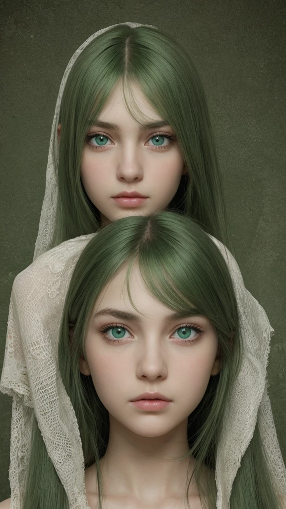 a girl. european. extremely detailed face. oval face. delicate features. long face. gentle features. scared eyes. green eyes. long straight and very thick hair. green hair. sad expression. shy