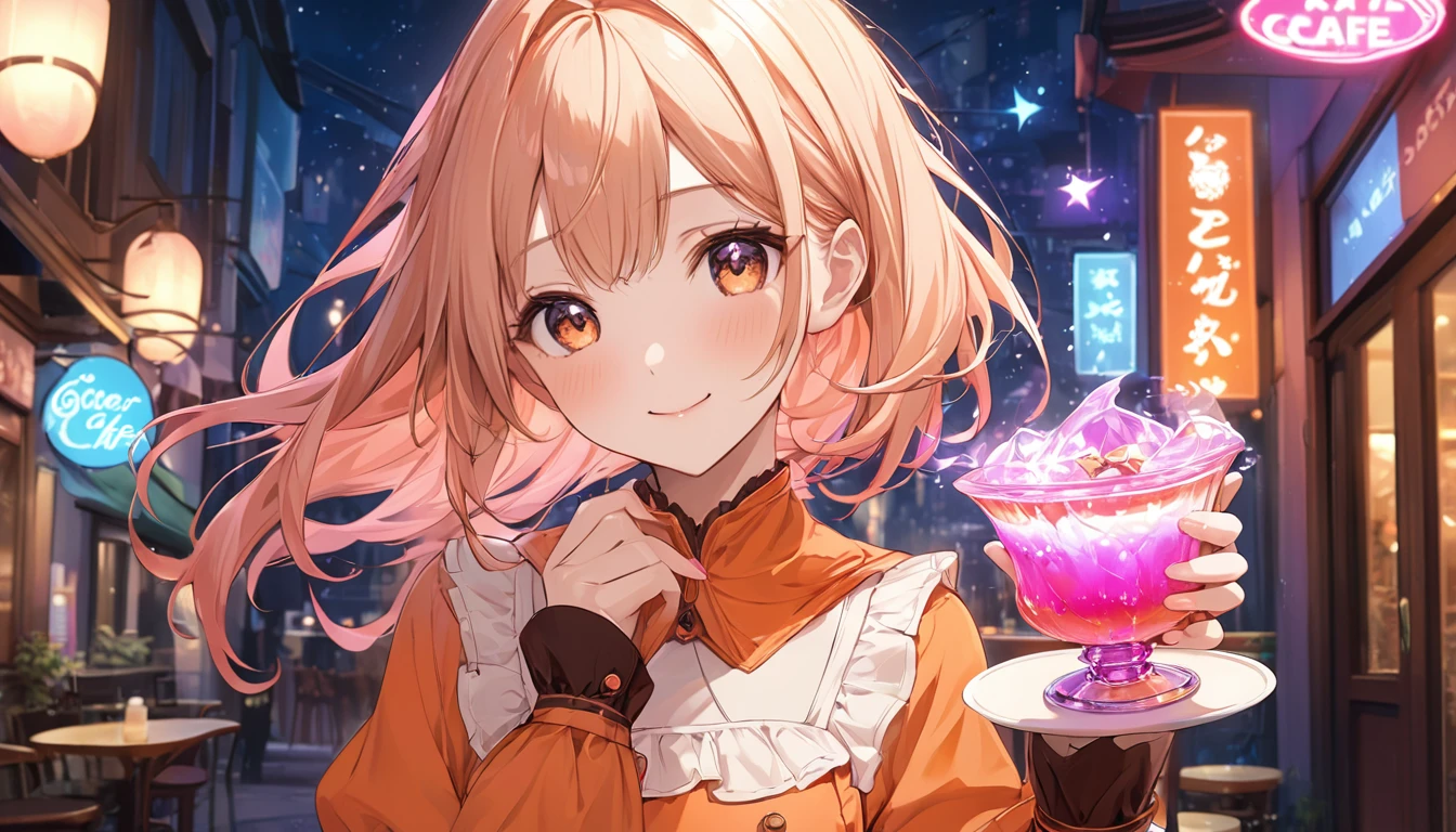 **257. One person。Magic Cafeで働く少女。Night Street Cornerにある秘密のカフェ。Cowboy shot or close-up。
masterpiece, best quality, ultra detailed (Detailed fingers), (Emotional), (Breathtakingly beautiful),
(main part: 1.2 Whole body。), (Anime Style), (Very detailed), (Magic Cafe),
(超High resolution, High resolution), (8k), (High resolution: 1.2), (Complex and beautiful: 1.2)**
- background: Night Street Corner、Neon lights swaying on a quiet street、A secret cafe stands。
- Cafe Girl: Young woman, around 18 years old、Magic Cafeの制服を着て、A shining cup in her hand。
-pose: Magic Cafeで、The moment she serves a drink to a customer。
-expression: A soft smile and、A posture that conveys the warm atmosphere of the cafe。
- Effects: Light emanating from the cup、An effect that symbolizes the magical drink。
-color: Warm orange and neon pink、夜の街とMagic Cafeの暖かみを象徴するコントラスト。