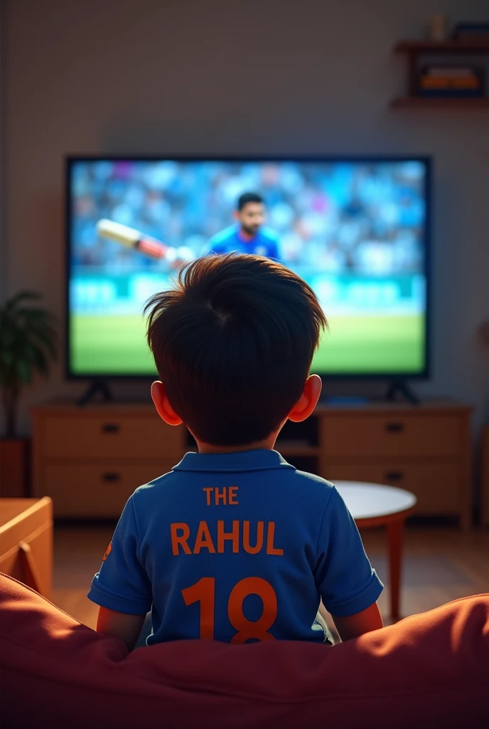 A boy watching Virat Kohli in Tv wearing indian jersey with written The Rahul and number 18 