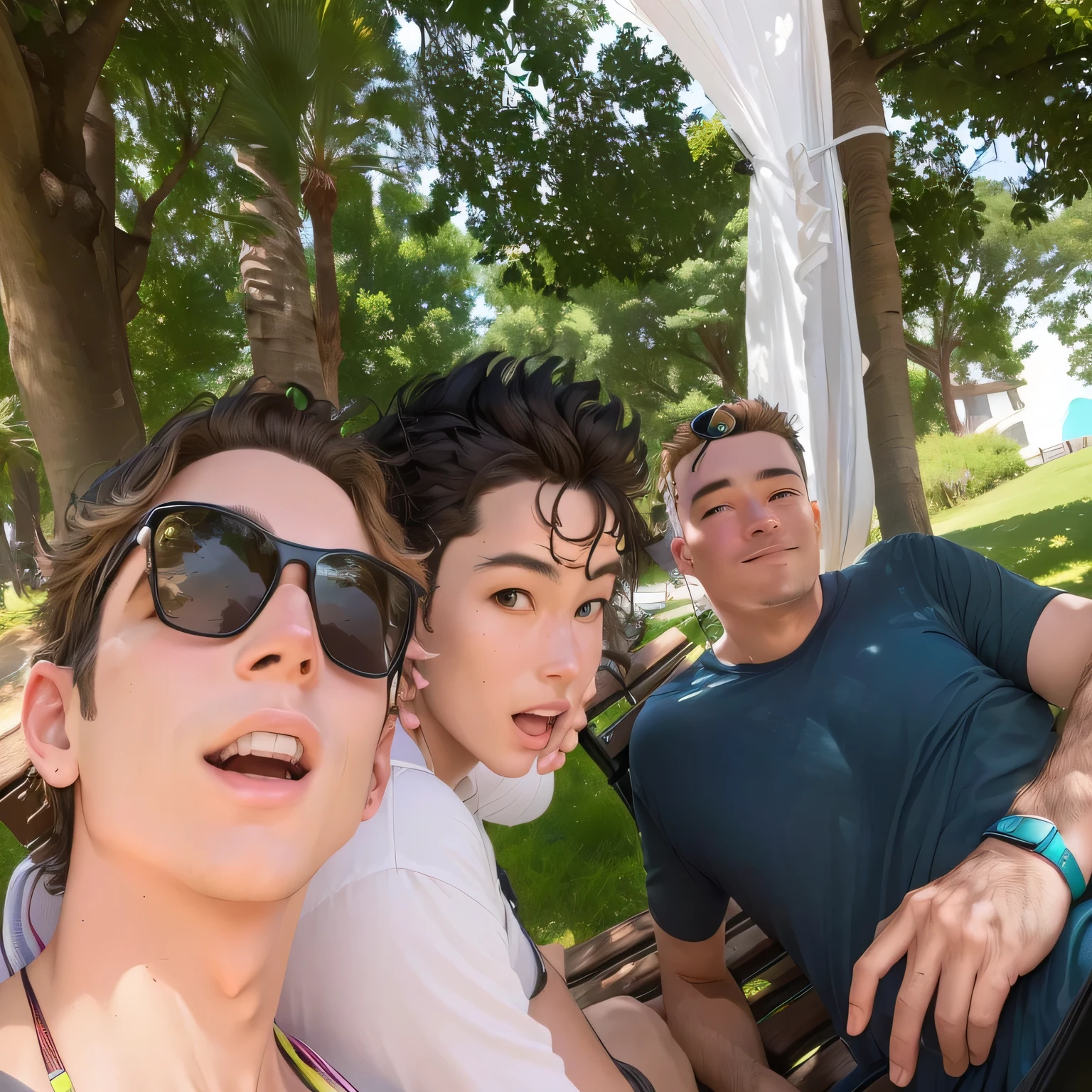 There are three people sitting on a bench under a tree, vacation photo, looking at the camera, appearing distracted and strange, 8k selfie photograph, snapchat photo, looking very silly, husband wife and son, having fun in the sun, assumed, go to hero8, looks at the camera, looking defiantly at the camera, on a sun lounger