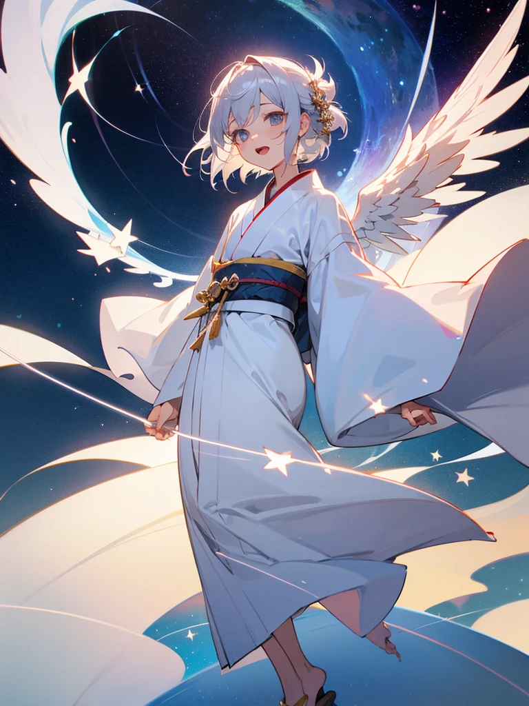 One person, Shortcuts, Angel,whole body,accurate, Silver Hair, chest, Stars in the Sky, through,Character portrait, Feet in the frame,kimono,Open your mouth a little,