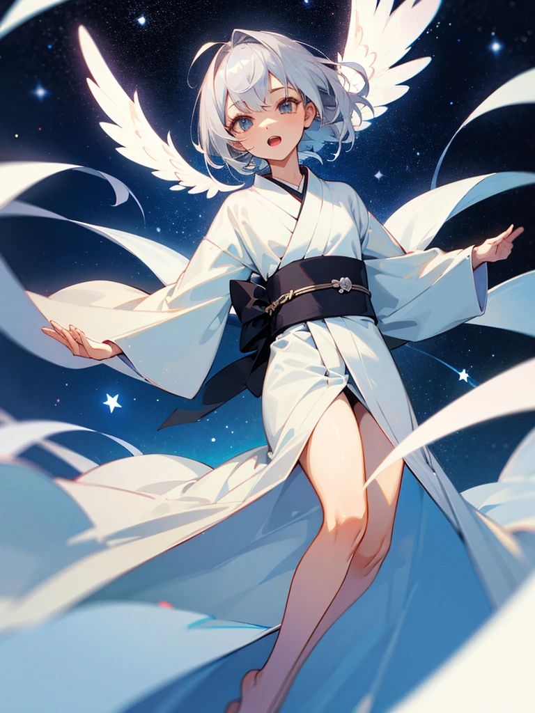 One person, Shortcuts, Angel,whole body,accurate, Silver Hair, chest, Stars in the Sky, through,Character portrait, Feet in the frame,kimono,Open your mouth a little,