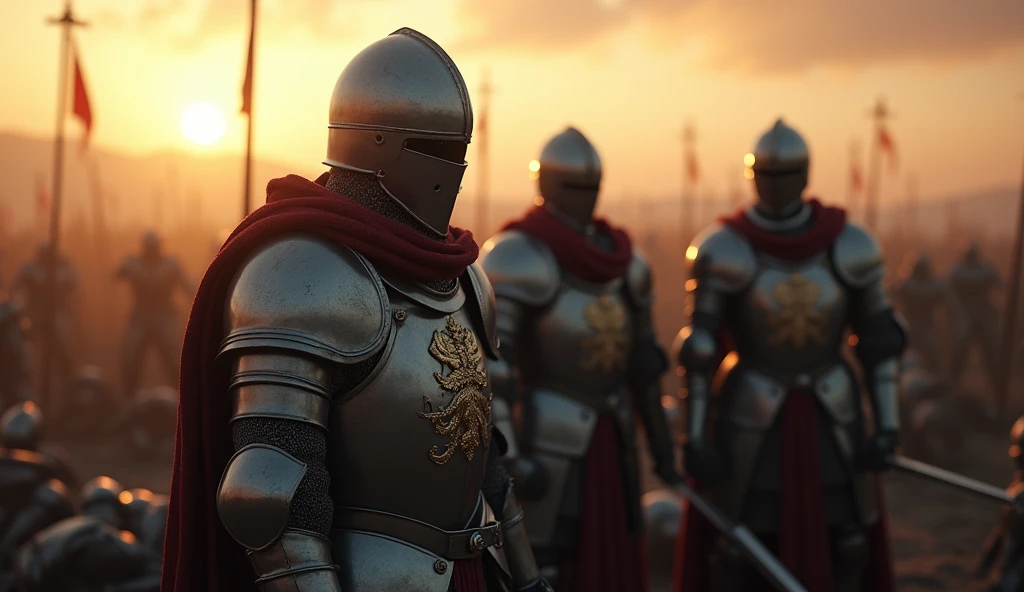 A highly realistic, high-contrast, 8K HD, detailed, hyper-detailed image of knights standing on a battlefield at dawn. The knights, clad in steel armor with a lion emblem on their chests, stand solemnly with fallen soldiers at their feet. The first light of day casts a soft glow over the scene, illuminating the armor and the grim reality of the battle's aftermath. The knights reflect on the cost of victory and the fate of their brothers in arms, their expressions filled with a mix of sorrow and resolve. The atmosphere is somber and reflective, capturing the heavy toll of war and the enduring bond between the knights. The image is of the highest quality, with ultra-high resolution, RAW photo quality, and Unreal Engine rendering, portraying the knights' contemplation and the bittersweet nature of their triumph under the lion emblem.