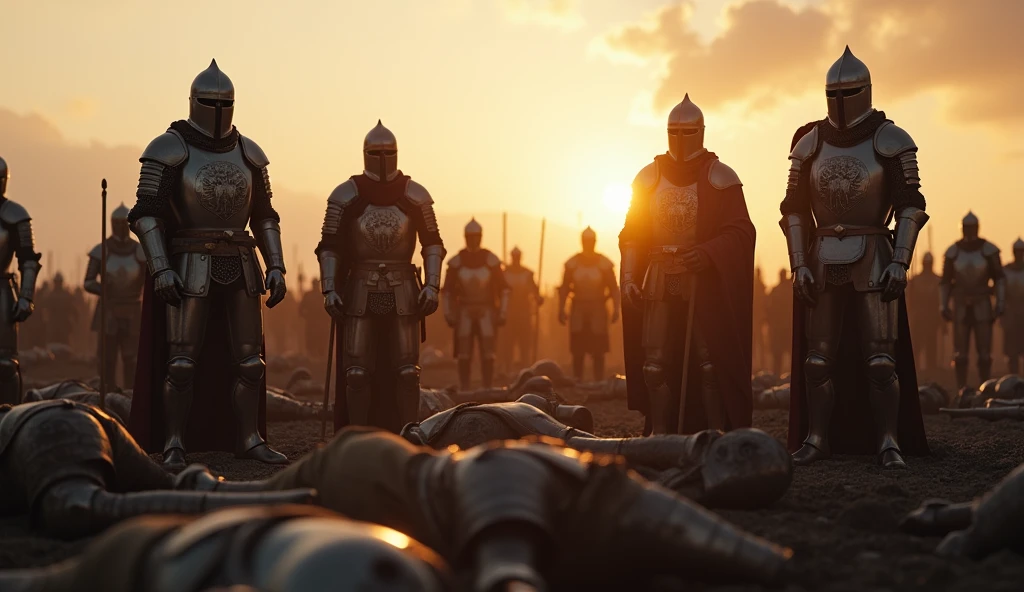 A highly realistic, high-contrast, 8K HD, detailed, hyper-detailed image of knights standing on a battlefield at dawn. The knights, clad in steel armor with a lion emblem on their chests, stand solemnly with fallen soldiers at their feet. The first light of day casts a soft glow over the scene, illuminating the armor and the grim reality of the battle's aftermath. The knights reflect on the cost of victory and the fate of their brothers in arms, their expressions filled with a mix of sorrow and resolve. The atmosphere is somber and reflective, capturing the heavy toll of war and the enduring bond between the knights. The image is of the highest quality, with ultra-high resolution, RAW photo quality, and Unreal Engine rendering, portraying the knights' contemplation and the bittersweet nature of their triumph under the lion emblem.
