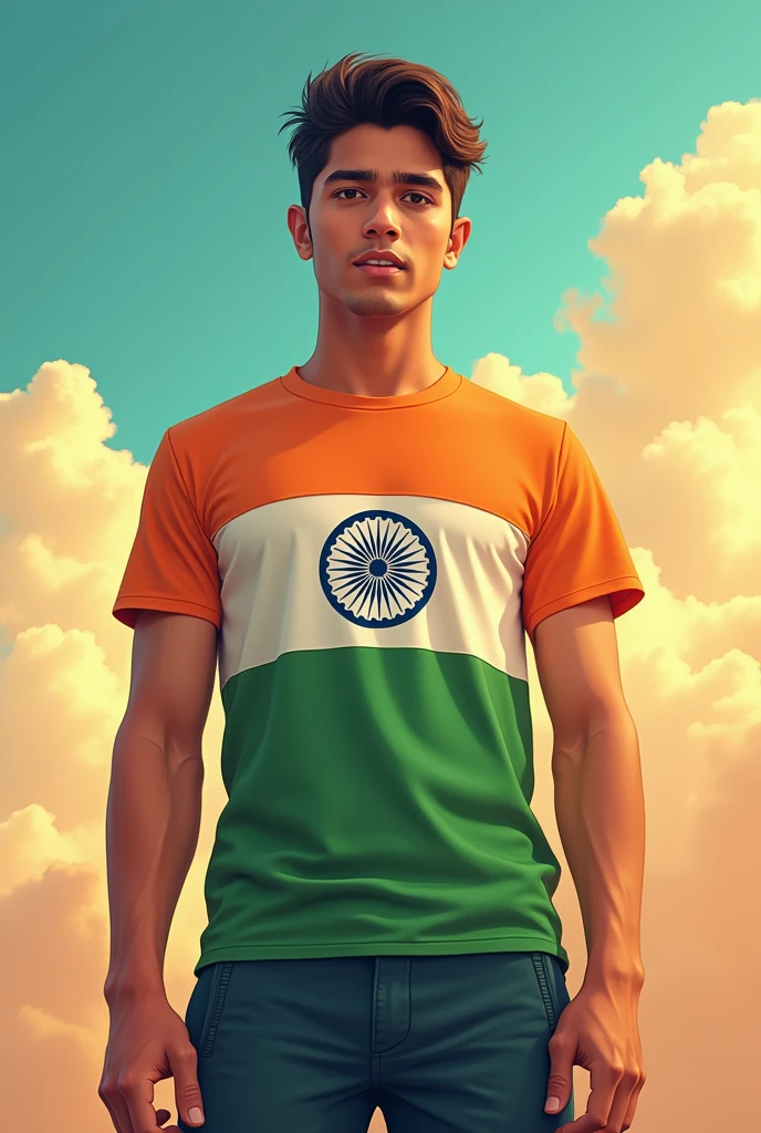 In Independence day create a 20 years age boy beautiful image for 15 August 2024 . With name Gulzar. In a t shirt and long pant and the name "Gulzar " should be written in the t shirt. With the indian flag
