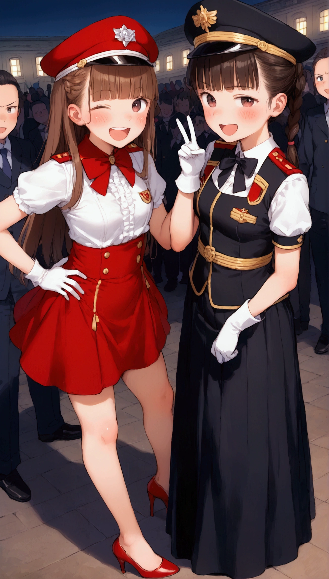 {Highest quality}, {Super beautiful},{Ultra fine},{Best illustration},Brown Hair,Hime cut,Braid,long hair,ponytail,One woman,Standing Woman,Strike a pose,Adult women,smug face,Excited face,Double teeth,Wink,Uniform cap,White shirt,Short sleeve,Black long skirt,White gloves,Black stiletto heels,Night Park,crowd,Blushing,Slender,From an angle,Spread your legs,Put one hand on your hip