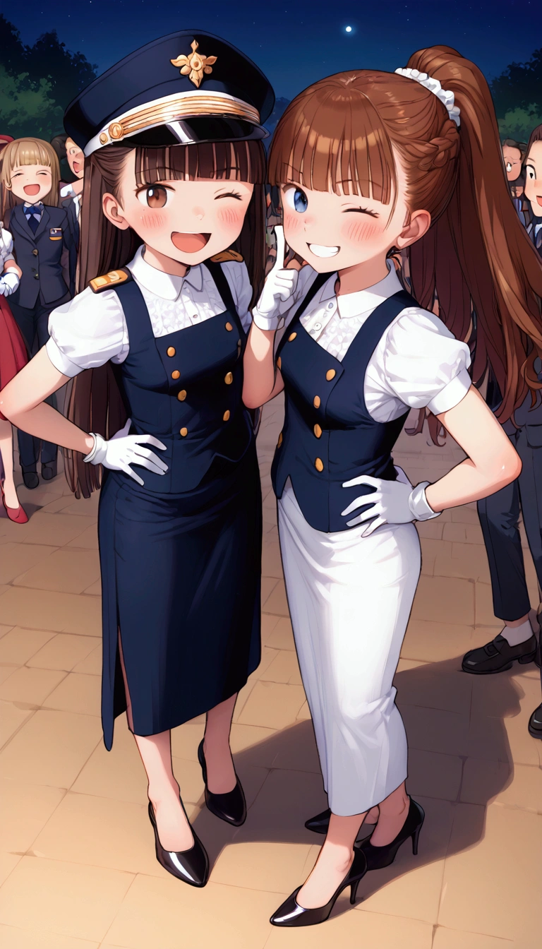 {Highest quality}, {Super beautiful},{Ultra fine},{Best illustration},Brown Hair,Hime cut,Braid,long hair,ponytail,One woman,Standing Woman,Strike a pose,Adult women,smug face,Excited face,Double teeth,Wink,Uniform cap,White shirt,Short sleeve,Black long skirt,White gloves,Black stiletto heels,Night Park,crowd,Blushing,Slender,From an angle,Spread your legs,Put one hand on your hip