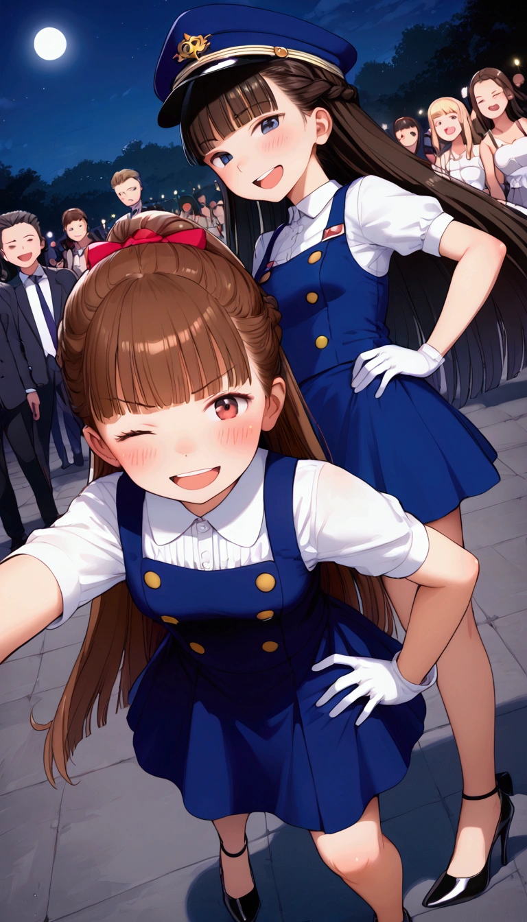 {Highest quality}, {Super beautiful},{Ultra fine},{Best illustration},Brown Hair,Hime cut,Braid,long hair,ponytail,One woman,Standing Woman,Strike a pose,Adult women,smug face,Excited face,Double teeth,Wink,Uniform cap,White shirt,Short sleeve,Black long skirt,White gloves,Black stiletto heels,Night Park,crowd,Blushing,Slender,From an angle,Spread your legs,Put one hand on your hip