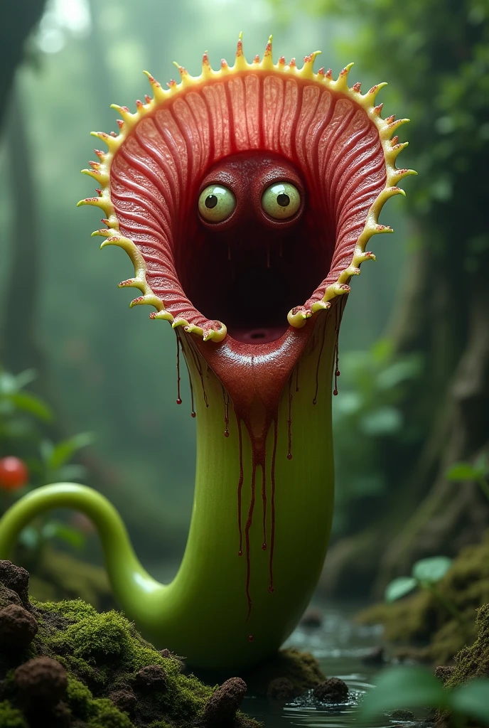 A pitcher plant with eyes、A creature with drool dripping from its mouth