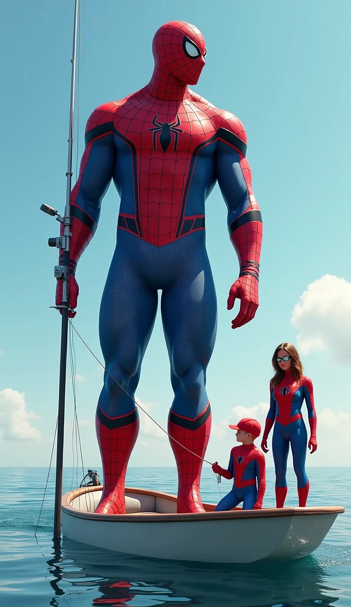 Giant Spiderman fishing on the boat with his wife and son, both of wife and his son wearing Spiderman mask and Costume. Blue sky.