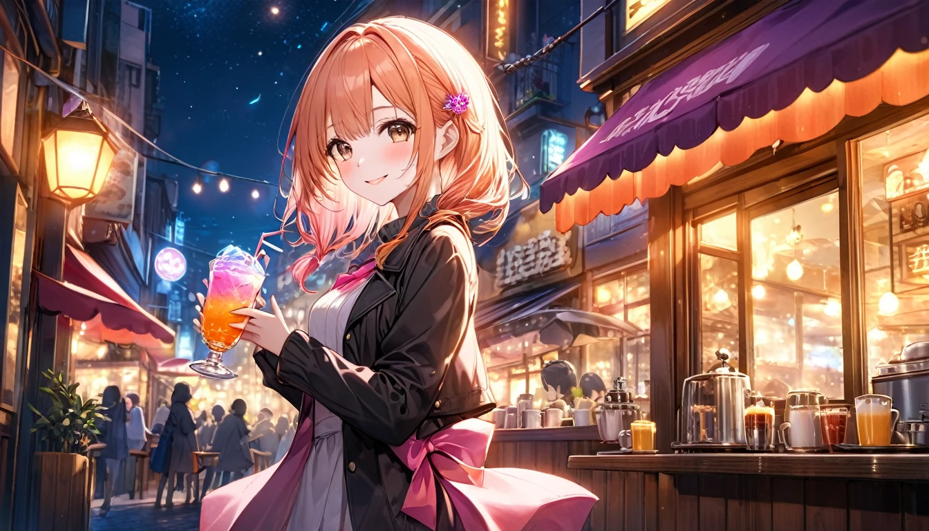 **257. One person。Magic Cafeで働く少女。Night Street Cornerにある秘密のカフェ。Cowboy shot or close-up。
masterpiece, best quality, ultra detailed (Detailed fingers), (Emotional), (Breathtakingly beautiful),
(main part: 1.2 Whole body。), (Anime Style), (Very detailed), (Magic Cafe),
(超High resolution, High resolution), (8k), (High resolution: 1.2), (Complex and beautiful: 1.2)**
- background: Night Street Corner、Neon lights swaying on a quiet street、A secret cafe stands。
- Cafe Girl: Young woman, around 18 years old、Magic Cafeの制服を着て、A shining cup in her hand。
-pose: Magic Cafeで、The moment she serves a drink to a customer。
-expression: A soft smile and、A posture that conveys the warm atmosphere of the cafe。
- Effects: Light emanating from the cup、An effect that symbolizes the magical drink。
-color: Warm orange and neon pink、夜の街とMagic Cafeの暖かみを象徴するコントラスト。