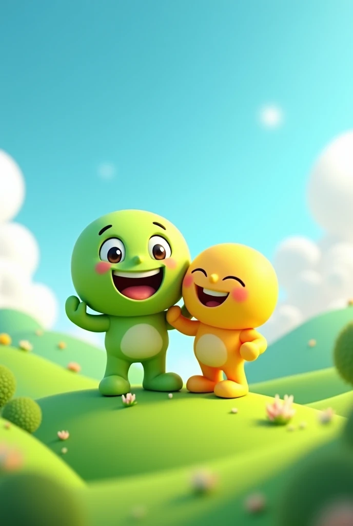 "A bright and cheerful scene featuring two 3D cartoon-style characters resembling emojis. The characters have round heads with large expressive eyes, big smiles, and no hair. The character on the left is green and has a friendly, happy expression while placing one arm around the other character. The character on the right is yellow, also smiling widely, and looks slightly smaller. They stand together on a lush, rolling green landscape with soft hills under a vibrant, blue sky with fluffy white clouds. The overall mood of the scene is joyful and playful, with bright colors and a positive atmosphere."