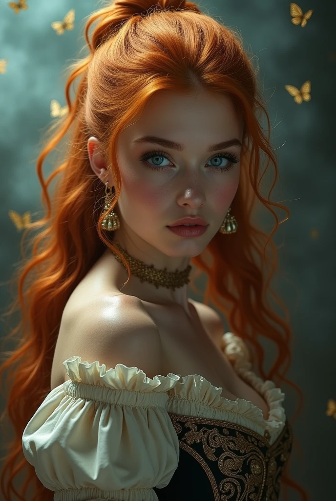 (solo, full body photo:1.3), (action packed:1.3), (haze, fog, mist:1.3), chiaroscuro, best quality, photorealistic, 1woman, (cute), (24yo:1.2), redhead, long ginger hair highly detailed, 1700'S, digital photography, art by artgerm and ruan jia and greg rutkowski surreal painting gold butterfly fi
ligree, broken glass, (masterpiece, sidelighting, finely detailed Fashionable eyes: 1.2) (perfect oval large eyes that gazes at the viewer), beautiful detailed face, blue gorgeous perfect eyes, (blonde hair ponytail), (attractive young woman:1.3), (thick amazing hair), (seductive:1.1), (blushing:1.1)