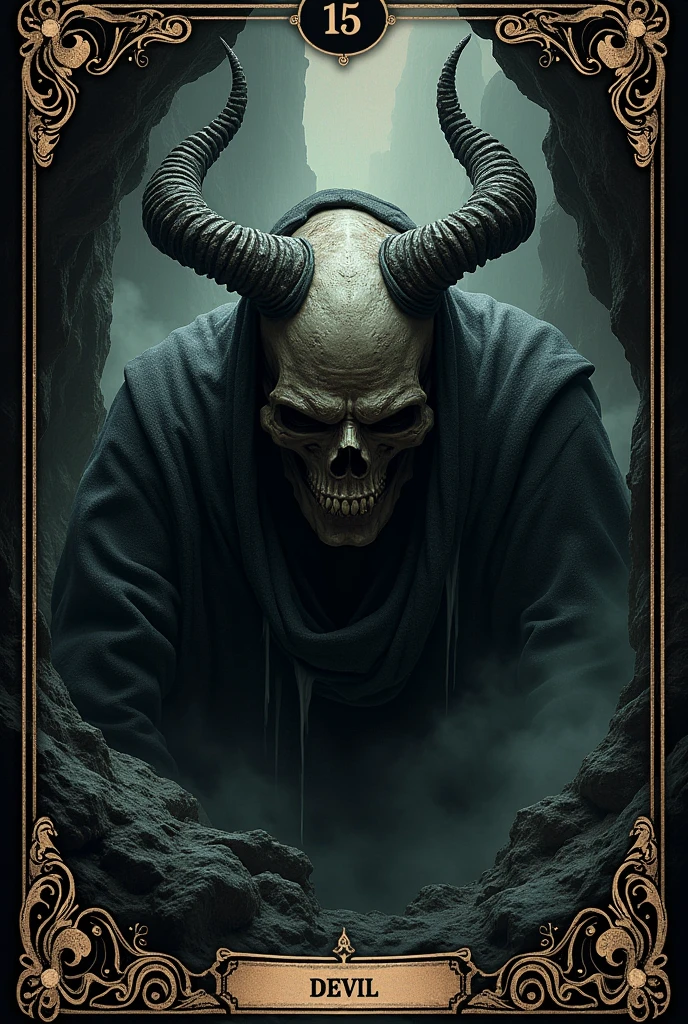 Crias playing card de tarot, skullish, dark, souls, playing card, number 15, devilcore, skullish,cavern, desire, diabólico skullish com chifres