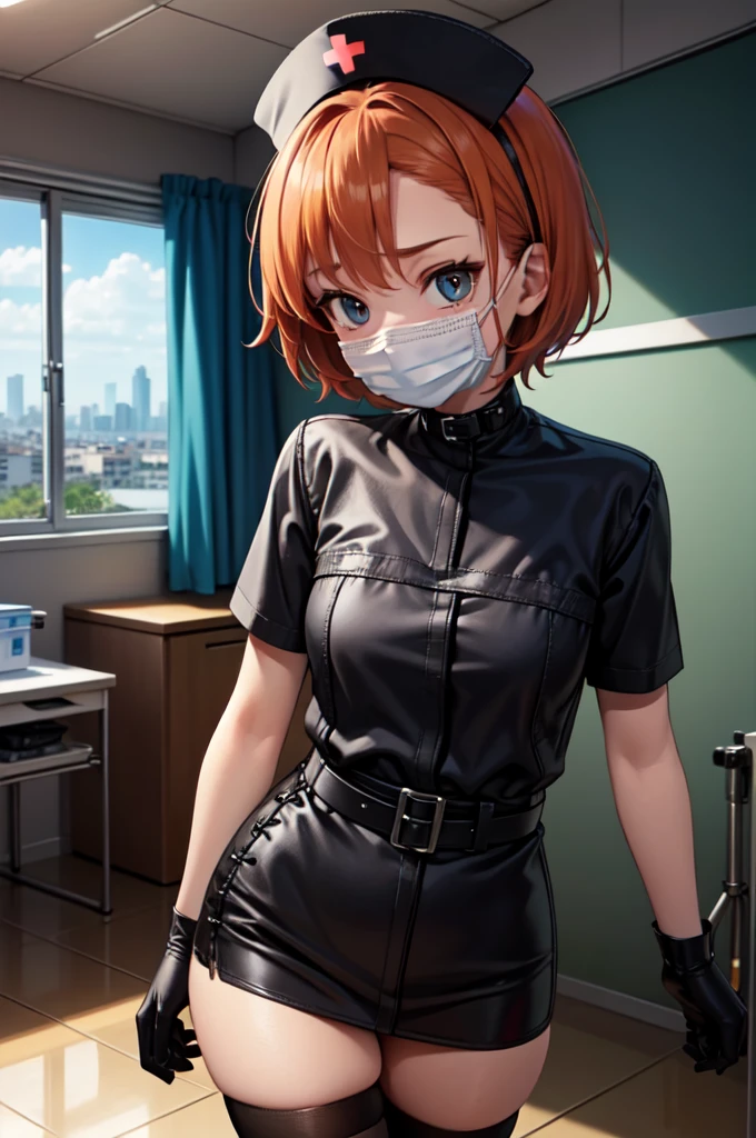 black nurse, 1girl, solo, black nurse cap, black nurse uniform, ((black legwear, zettai ryouiki)), black elbow gloves, very short hair, orange hair, ((black surgical mask, covered nose)), standing, ((surgery room)), sharp outline, short sleeves, tomboy, boyish, best quality, masterpiece